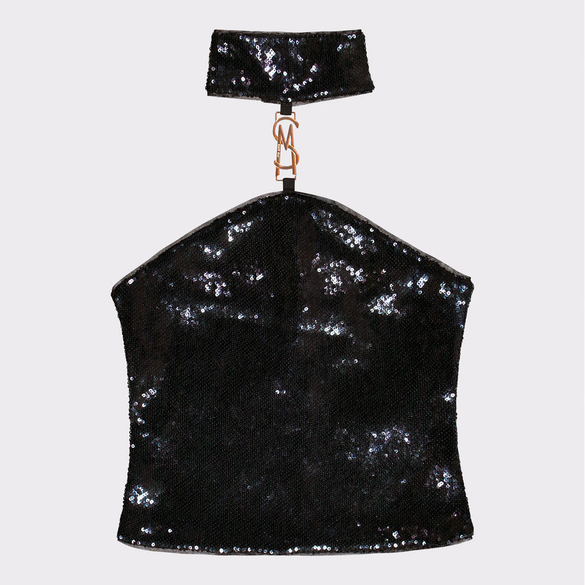 PHOEBE BLACK HIGH-NECK SEQUIN TOP WITH BUCKLE - view 6