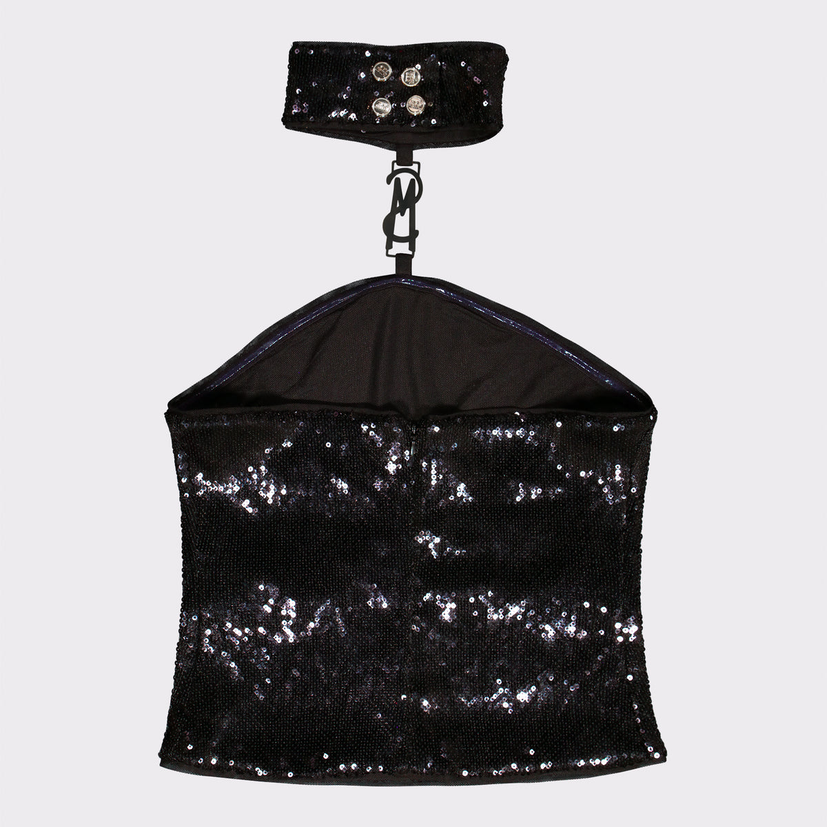 PHOEBE BLACK HIGH-NECK SEQUIN TOP WITH BUCKLE - view 7