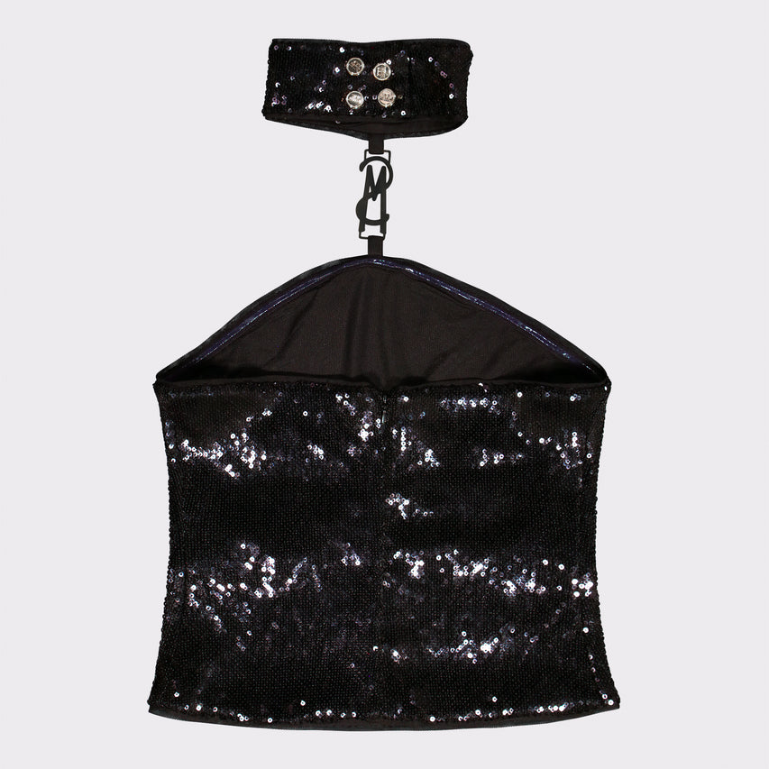 PHOEBE BLACK HIGH-NECK SEQUIN TOP WITH BUCKLE - view 7