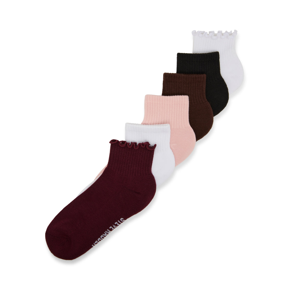 6 PACK SOLID LETTUCE EDGE QUARTER SOCK BURGUNDY MULTI